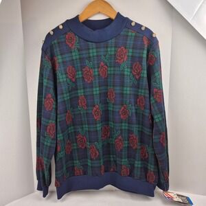 Cricket Lane‎ Highland Rose VTG 90s Plaid Floral Sweater Navy Green Red 22W NWT